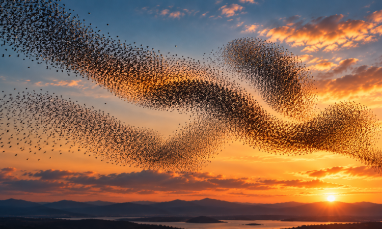 Diversi stormi di uccelli si incrociano e cambiano forma nel cielo al tramonto, evocando le dinamiche del cambiamento organizzativo.